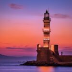 lighthouse, sunset, coast, tower, watchtower, navigation, beacon, illuminated, dusk, twilight, greece, sea, ocean, sunrise, landmark, historic, sky, mediterranean, iphone wallpaper, nature, phone wallpaper